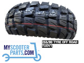A black off-road electric scooter tire with a deep tread pattern, labeled with '255/80 TYRE' and 'OFF-ROAD ROAD' on a white background.